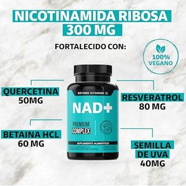 NAD+ | NR Nicotinamida Ribosa potenciado con Resveratrol, Quercetina, Betaina HCL y Semilla de Uva | Suplementos Beyond Vitamins | 30 días.