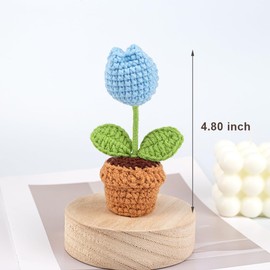 Lutoku Cute Knitted Flower Plant, Kawaii Handmade Crochet Flowers,Small Potted Artificial Flower Plants, Desk Home Car Dashboard Decorations (Tulip-Blue)