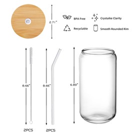 DAMCONME 1Pack Coffee Cups with Lids,16oz Glass Cups with Straws and Lids-Glass Coffee Cups,Drinking Beer Glasses with Bamboo Lids