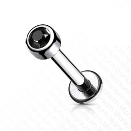 PiercedOff Titanium Labret with Internally Threaded Bezel Set Round Black CZ Gem - Thickness 16GA (1.2mm) / Length 8mm / Ball Size 3mm