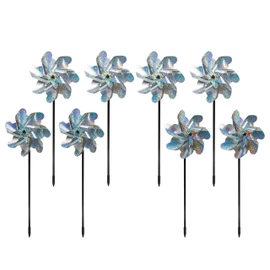 8-Pack Bird Deterrents for Outside - Reflective Pin Wheels for Garden and Yard - 7 x 19 in Holographic Windmills for The Yard Garden - Durable Outdoor Bird Deterrent Spinners - Silver
