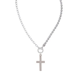 Delight Jewelry Stainless Steel 1.3" Cross - Stronger Braver Smarter Mixed Cable and Imitation Pearl Chain Choker Necklace, 14.75-17"