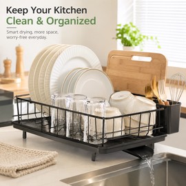 304 Stainless Steel Dish Drying Rack with 360° Rotating Drain Spout, Large Capacity Kitchen Counter Dish Rack with Drain Board & 3-Compartment Utensil Holder, Silver