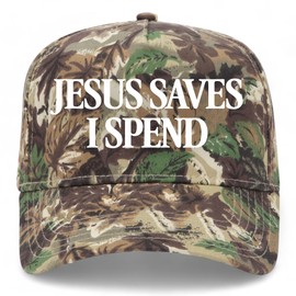 Jesus Saves I Spend Vintage Trucker Hat | Premium Snapback Baseball Hat for Men & Women (US, Alpha, One Size, Camo)