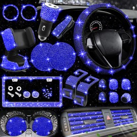 NBTEPEM 27 PCs Bling Car Accessories Set for Women, Bling Steering Wheel Covers Universal Fit 15 Inch, Bling License Plate Frame, Bling Phone Holder, Bling Car Coasters(Blue Diamond)
