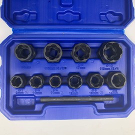 LSLANSOON 11pcs Twist Socket Set, 9-19mm Lug Nut Remover Set Damaged Bolt Screw Nut Extractor Tool Set Including a Punch Rod