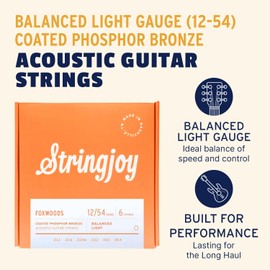 Stringjoy Balanced Light Foxwoods Coated Phosphor Bronze Acoustic Guitar Strings 12-54, FW1254, Long-Lasting Tone and Sound Quality, Acoustic 6 String Set, 2-Pack