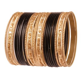 NEW! Touchstone Indian Bollywood "Colorful 2 Dozen Collection" Golden Glitter Textured Black Color Large Designer Jewelry Special Bracelets Set of 24 Gold Tone for Women, Stainless Steel