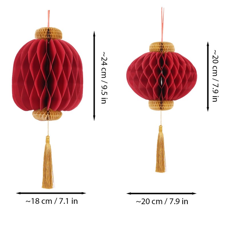 4 Piece Traditional Chinese Red Paper Honeycomb Lanterns with Gold
