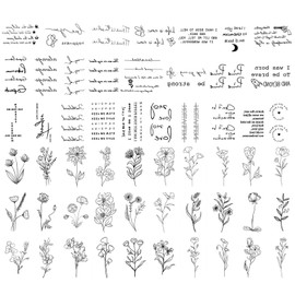 CARGEN Inspirational Words and Flowers Temporary Tattoos - 60 Sheets Small Single Stickers, 30 Pcs Wild Flower, 30 Pcs Single Line Motivational Words Simple handwritten Fake Tattoos for Women and Men