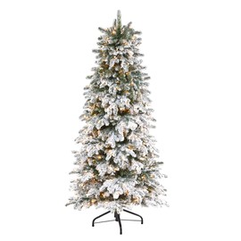 Nearly Natural 6ft. Flocked North Carolina Fir Artificial Christmas Tree with 450 Warm White Lights and 1560 Bendable Branches