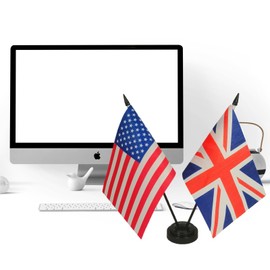 Zigvert American & Britain Twin Flag Desk Set, Table Flags Twin Pin and Base, 8 x 5 Inches USA & UK Deluxe Desk Flag Set - Miniature American & UK Desktop Flag