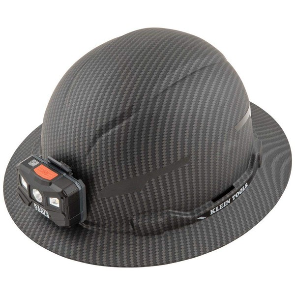 Klein Tools 60346 Hard Hat, Non-Vented Full Brim, Class E, Premium KARBN Pattern, Rechargeable Lamp, Padded Sweat-Wicking Sweatband, Top Pad Large