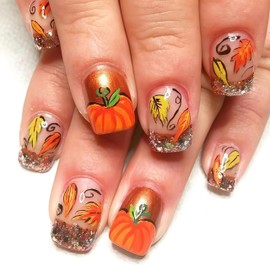 24Pcs Fall Press on Nails Short Square Maple Leaf Fake Nails Thanksgiving Pumpkin Acrylic Nails with Fall Leaf Design Artificial Nails Red Silver Glitter French Tips Stick on Nails for Women DIY