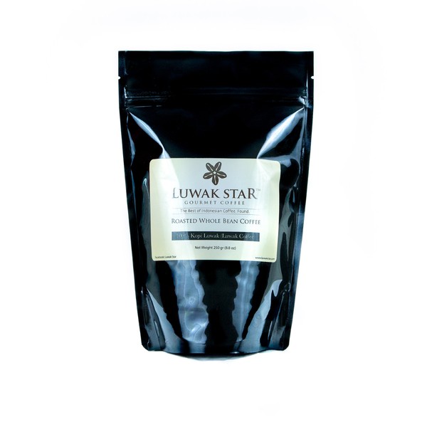 Luwak Star Gourmet Coffee, 100% Arabica Sumatra Gayo Luwak Coffee from Indonesia (or Kopi Luwak) Whole Beans, Medium Roast, 250 Gram (0.55 Lb) Bag, Roasted in the U.S.