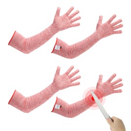 sourcing map Cut Resistant Sleeves with Gloves, 60cm Arm Protection Sleeve HPPE Farmer Gardening Sleeves for Work Kitchen, Welding, Farming, Red, Pair of 2