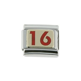 Sabrina Silver Stainless Steel 18k Gold Number 16 Charm for Italian Charm Bracelets red Enamel