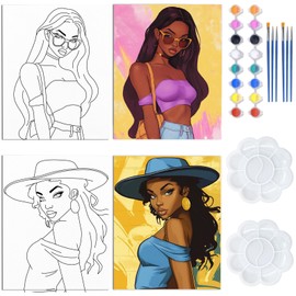 WEBEEDY 2 Pack Pre Drawn Canvas Afro Women Canvas Painting Kit 8x10 Inch Sip and Paint Canvas Outline Pre Printed Canvas Set for Adults Party Night Painting Gift,20x25cm(Elegant Lady)