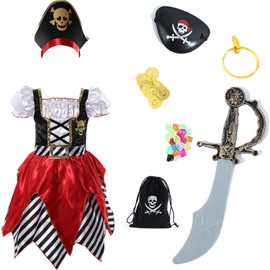 Rabtero Luxury Pirate Costume Dress for Girls,Buccaneer Princess Dress with Plenty of Pirate Role Play Toys for Kids 7-8years