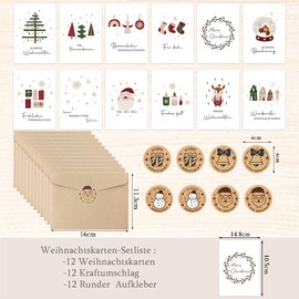 JOYEASE Christmas Cards with Envelope Set, 12 x Different Christmas Postcards in Modern Style, A6 Christmas Postcards with Beautiful Sayings and Patterns