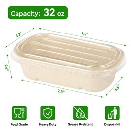 ZORRITA 32 oz Paper Bowls with Lids, 50 Pack Sugarcane Fiber Meal Prep Containers Disposable To Go Food Container for Salad, Pasta, Burrito