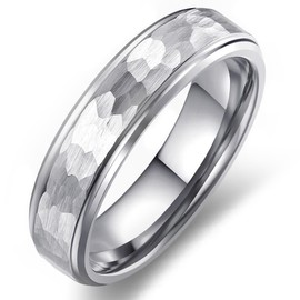 Adreamz 6mm Mens Women Hammered Tungsten Carbide Rings Hammered Brushed Silver Tungsten Wedding Band Step Edge 9.5