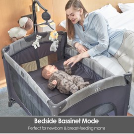 QUTANIX Baby Bedside Bassinet Sleeper,5-in-1 Pack and Play with Full-Size Bassinet,Baby Playard with Changing Table,Storage Shelf,Music Mobile with Soft Toys for Newborn to Toddlers (Grey)