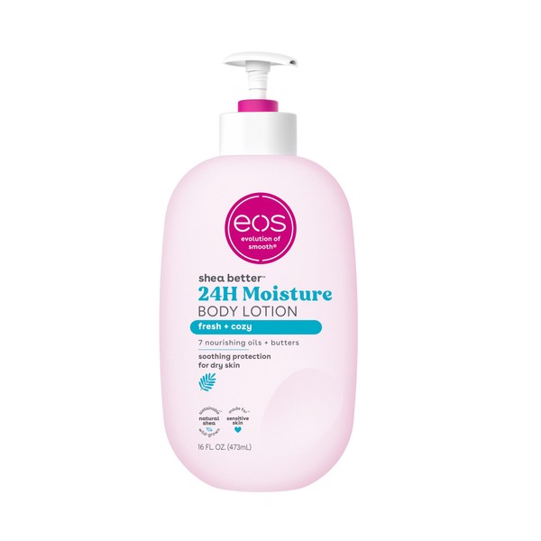 eos Shea Better Body Lotion Fresh & Cozy, 24-Hour Moisture Skin Care, Lightweight & Non-Greasy, Made with Natural Shea, Vegan, 16 fl oz