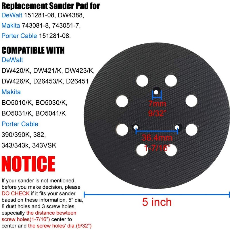 5" Sander Pad Replacement for DeWalt OE# 151281-08,Fits DW421,DW423,DW4388,D26451and D26453,Compatible
