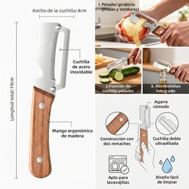 Pelador de Verduras 2 en 1 Profesional – Cuchilla de Acero Inoxidable Ultraafilada, Mango Antideslizante con Abrebotellas, Utensilio de Cocina para Patatas, Zanahorias, Frutas y Verduras (2.0)