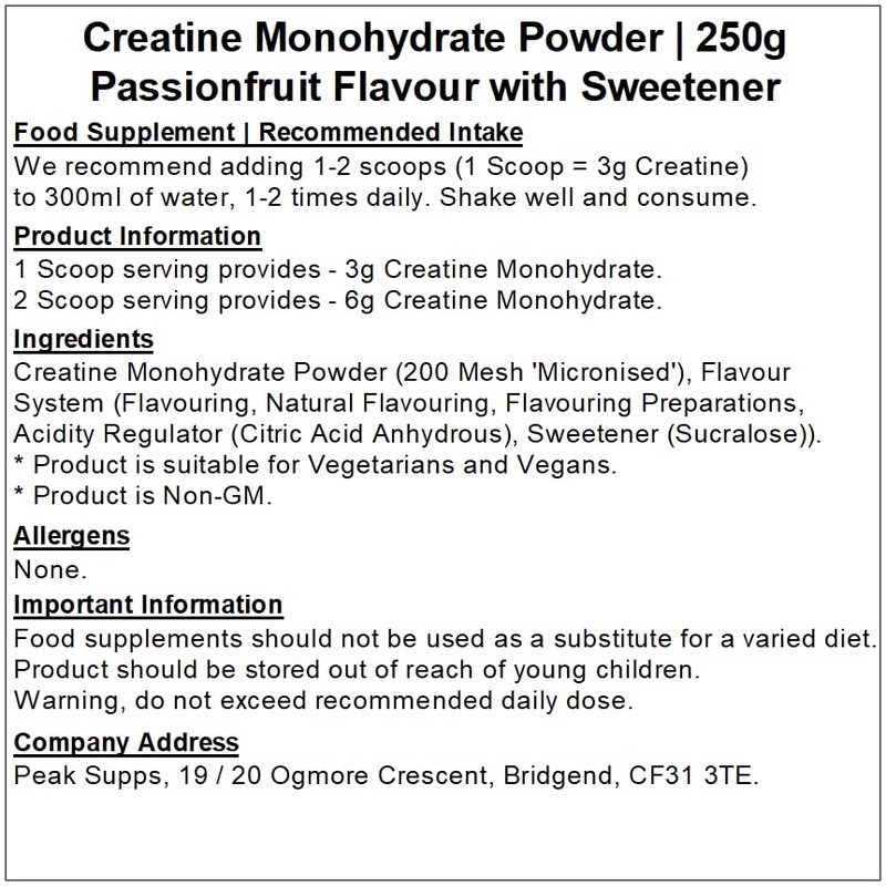 Peak Supps Creatine Monohydrate Powder - Passionfruit - Micronised (250g)