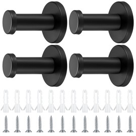 4-Piece Round Black Clothes Hooks Set, Stainless Steel Towel Hooks, Metal Wall Mounted Coat Hooks, Wardrobe Hooks with Screws for Bathroom, Kitchen, Bedroom - 50mm/2inch
