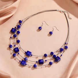 Collar de abalorio de plata en capas para mujer, abalorio cuadradas de vidrio, collar y aretes, conjuntos de joyería para mujer, Cristal, Sin piedra preciosa