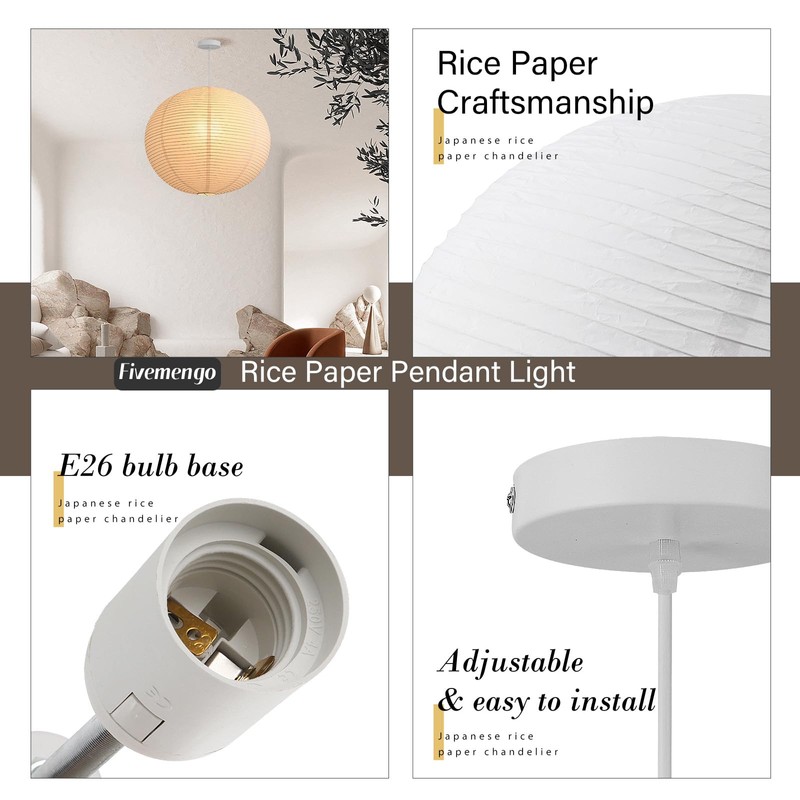 Fivemengo Large Rice Paper Pendant Light Kit, 20in White Globe