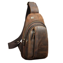Le'aokuu Men's Genuine Leather Waist Bag Chest Bag Belly Bag Crossbody Bag Sling Bag Shoulder Bag Neck Pouch for Motorcycle Jogging, 010 A Dark Brown