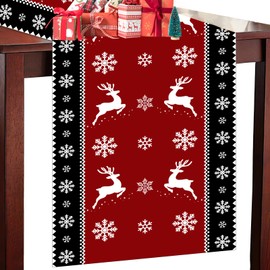Christmas Table Runner 183 x 33 CM Red Linen Festive Table Runner for Xmas Table Centrepiece Kitchen Dining Table Decoration for Home Indoor/Outdoor Holiday Party Decor (Sacred Reindeer Snowflakes)