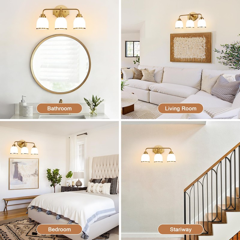 EvmVom 3-Light Brushed Gold Bathroom Light Fixtures, with Milk White
