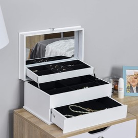 HOMCOM 3-Tier Jewelry Box Organizer with Glass Mirror and 6 Slots for Beauty Accessories, Costume Jewelry, White