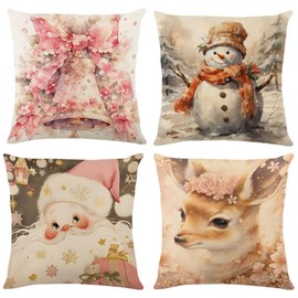 4pcs Christmas Cushion Covers 45x45cm Retro Christmas Pillow Covers Xmas Decoration Throw Pillow Covers Merry Christmas Pillow Cases Christmas Decor Pillowcase for Sofa Living Room Bed Couch (Pink)