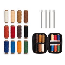 WUTA Leather Waxed Thread Round Polyester Sewing Threads with 12 Pcs Needles and Storage Bag Leather Craft Hand Stitching Line DIY Bracelet Thread Repair Work Cord (0.55mm