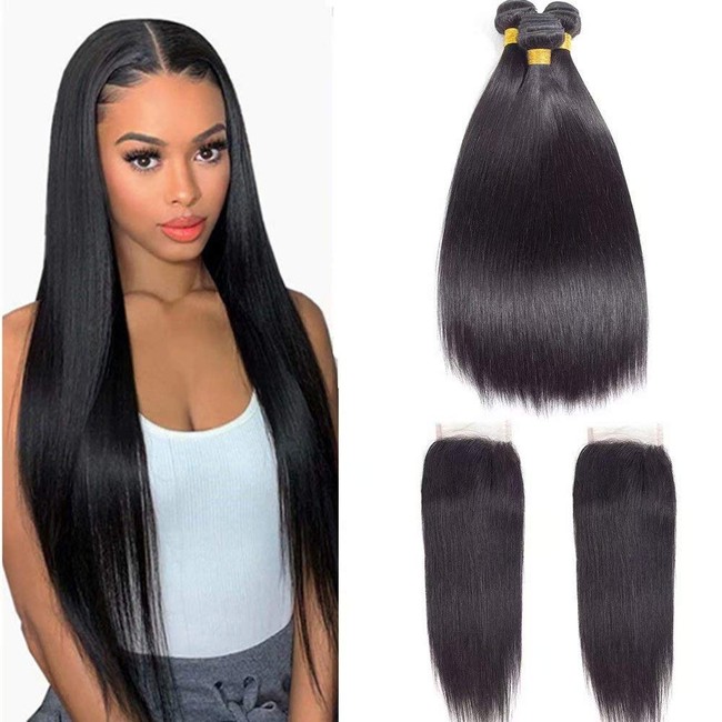 Fashion Plus 10A Straight Human Hair Bundles with closure 100% Unprocessed Brazilian Straight Virgin Human Hair 3 Bundles with closure Free Part Human Hair Extensions Natural Black Color(16 18 20+14inch)