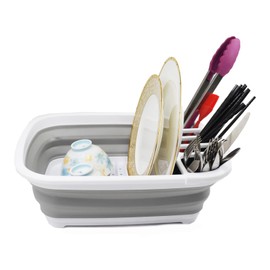 SAMMART 8L (2.1 gallons) Collapsible Plastic Dish Drainer/Dish Rack- Foldable Drying Rack - Portable Dinnerware Organizer - Pop Up Saving (White/Grey)