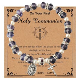 Women's First Holy Communion Bracelet Gift, Natural Amethyst Crystal Stretch Rosary Bracelet with Crucifix and Miraculous Medal Easter Basket Stuffers