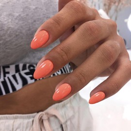 Orange Press on Nails Short Oval Acrylic Nails Press on, Solid Color Medium Short Oval Fake Nails for Women Reusable Thick Round Nails Glue on, Medium Almond Nails Soft Gel False Nails 24Pcs