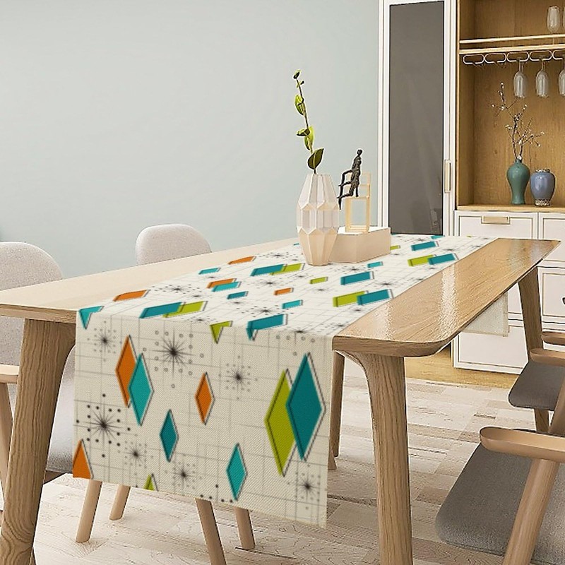 Mid Century Modern Table Runner, Abstract Atomic Starburst Geometric Diamond