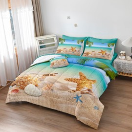 MOVE OVER 8 Pieces Beach Bed in a Bag Queen Size Ocean Comforter Set with Sheet Set Tropical Palm Tree and Starfish Pattern Teal Blue Hawaii Vacation Style Beachy Comforter Set for Bedroom