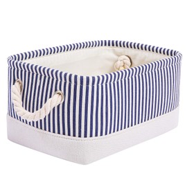 Mangata Washable Collapsible Thickened Canvas Fabric Storage Box with Handles (Small, Blue Stripe)