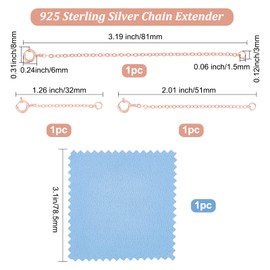 Beebeecraft 3Pcs Necklace Extenders 925 Sterling Silver Bracelet Anklets Jewellery Chain with Spring Ring Clasps and Silver Polishing Cloth(1.26/2.01/3.19 Inch, Rose Gold)