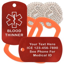Custom 2 Pack - Blood Thinner Medical Alert ID Necklaces with Red Custom Tags, Orange Silencers, and 30'' USA Chains