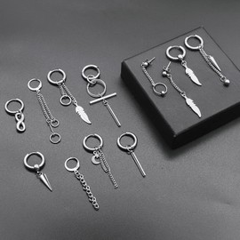 Thokono 8/12 Pieces Hoop Dangle Earrings Stainless Steel Dangle Foldable Hoop Earrings Long Chain Pendant Kpop Earrings Hoop Earrings Hanging Earrings with Chain Punk Gothic Cross Kpop Earrings Long